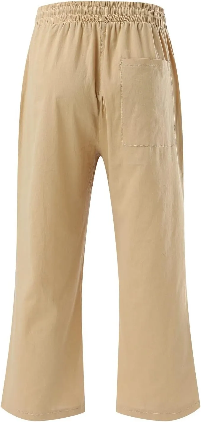 Capri Pants for Women Linen Casual Summer Wide Leg Loose Elastic Waisted Cropped Trouser Beach Pant