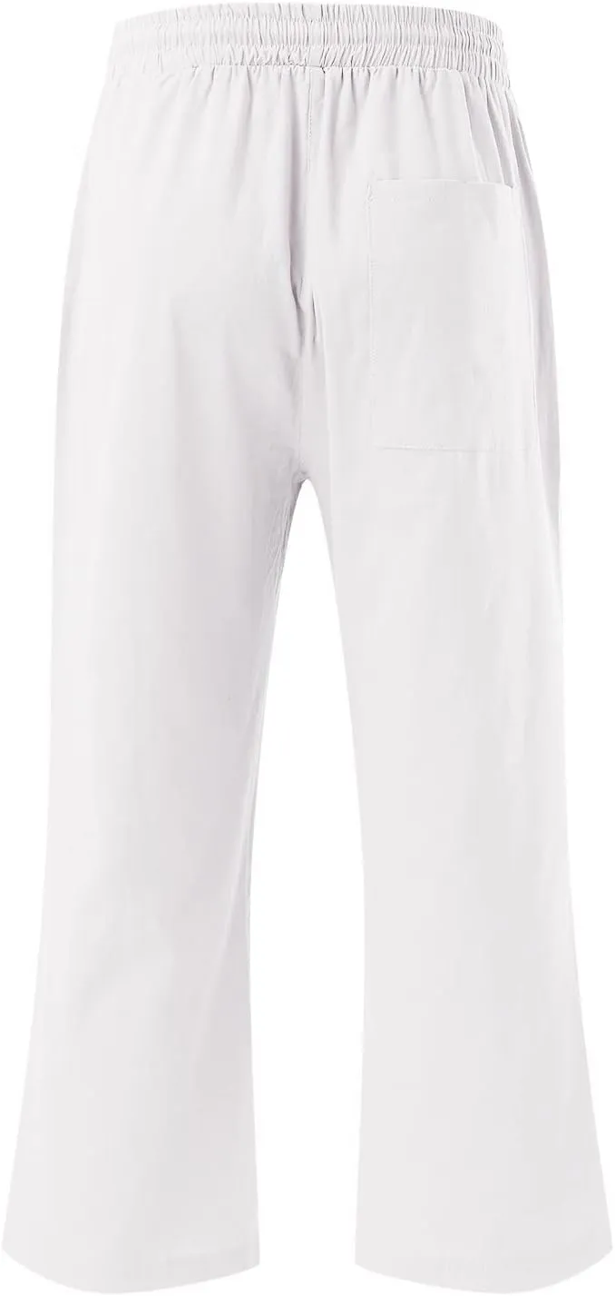 Capri Pants for Women Linen Casual Summer Wide Leg Loose Elastic Waisted Cropped Trouser Beach Pant