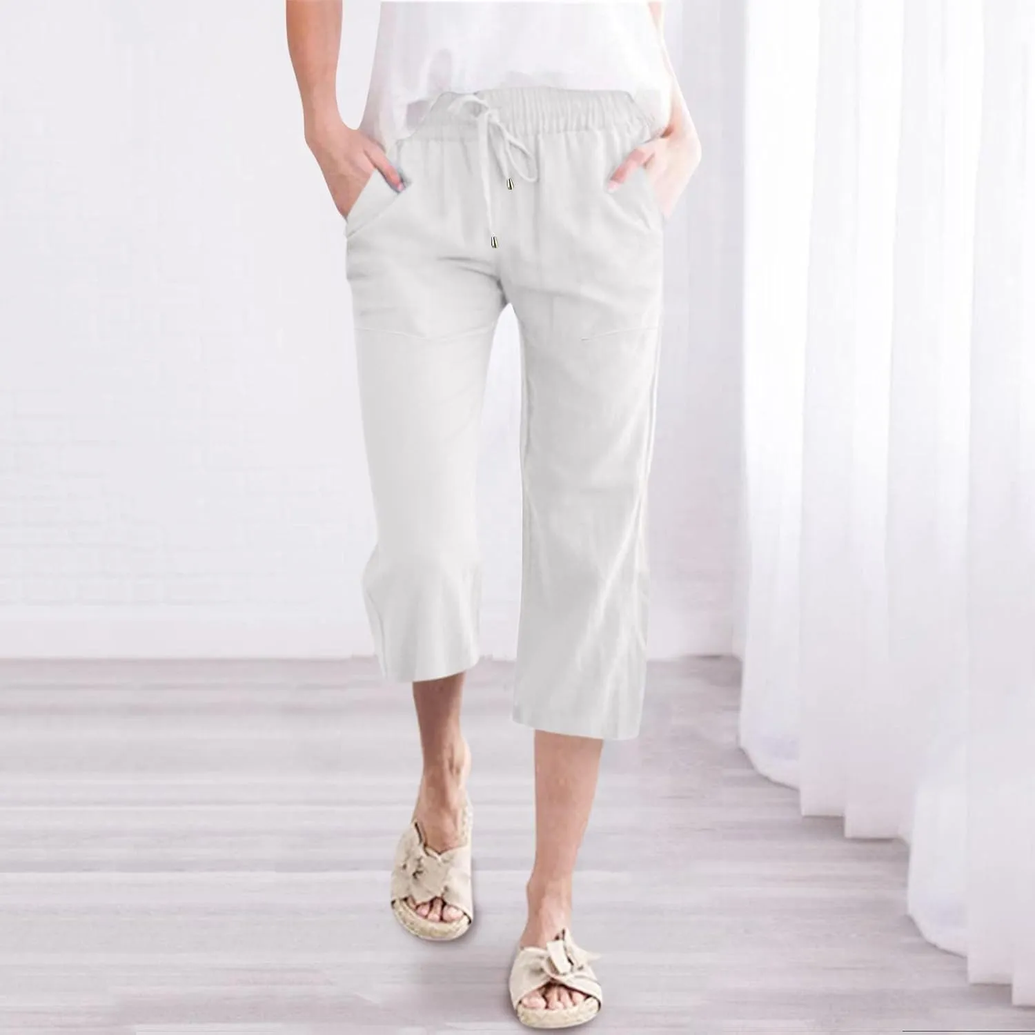 Capri Pants for Women Linen Casual Summer Wide Leg Loose Elastic Waisted Cropped Trouser Beach Pant