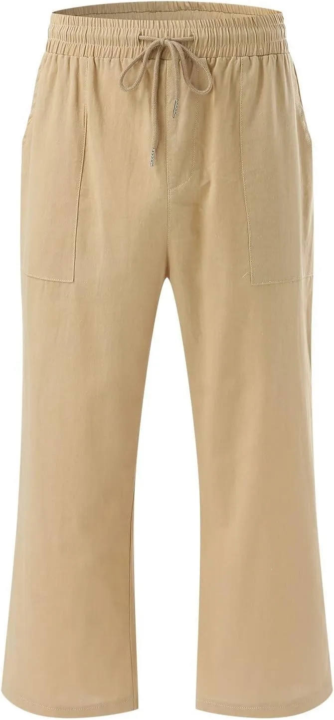 Capri Pants for Women Linen Casual Summer Wide Leg Loose Elastic Waisted Cropped Trouser Beach Pant