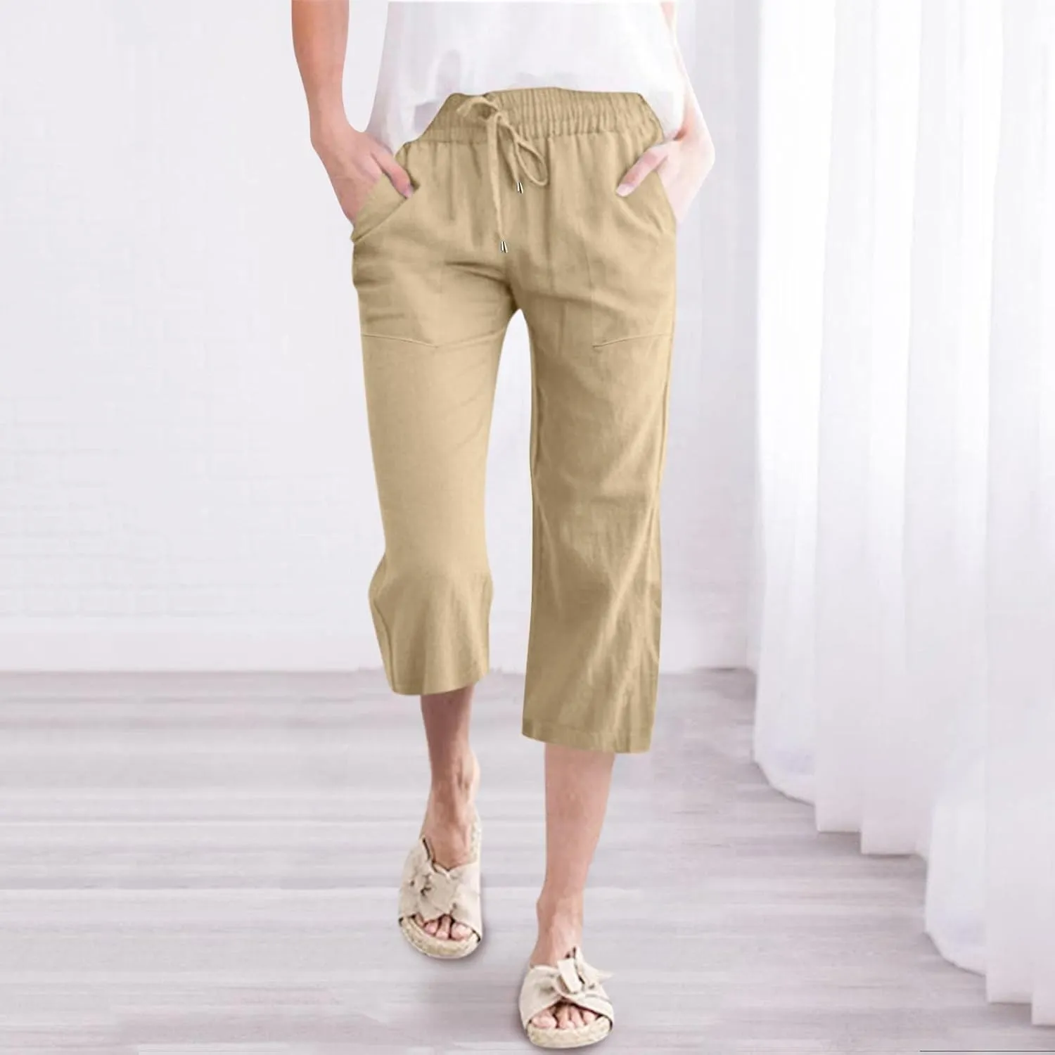 Capri Pants for Women Linen Casual Summer Wide Leg Loose Elastic Waisted Cropped Trouser Beach Pant