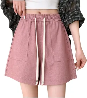 Casual Linen Shorts for Women High Elastic Waisted Shorts Summer Pull On Drawstring Short Beach Loose Fit Shorts