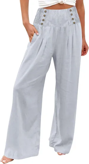 Casual Wide Leg Pants for Women Straight Baggy High Rise Pant Solid Color Button Elastic Waist Trousers with Pockets