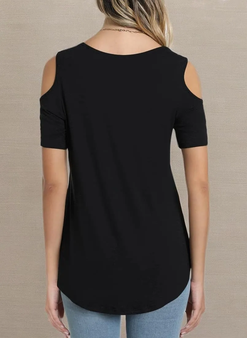 CATHY Women's V Neck Tunic Top Cold Shoulder Tshirt Short Sleeve Casual Blouse for Leggings