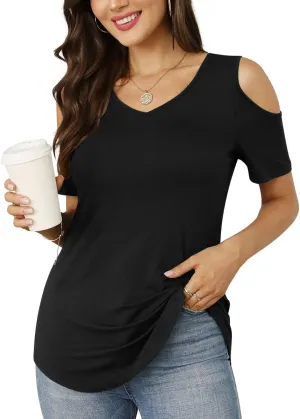 CATHY Women's V Neck Tunic Top Cold Shoulder Tshirt Short Sleeve Casual Blouse for Leggings