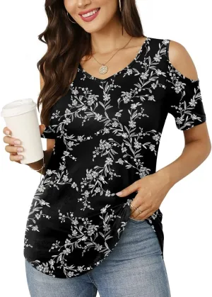 CATHY Women's V Neck Tunic Top Cold Shoulder Tshirt Short Sleeve Casual Blouse for Leggings
