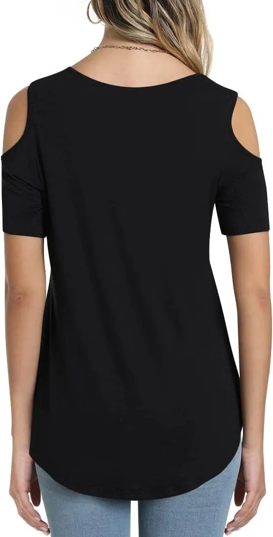 CATHY Women's V Neck Tunic Top Cold Shoulder Tshirt Short Sleeve Casual Blouse for Leggings