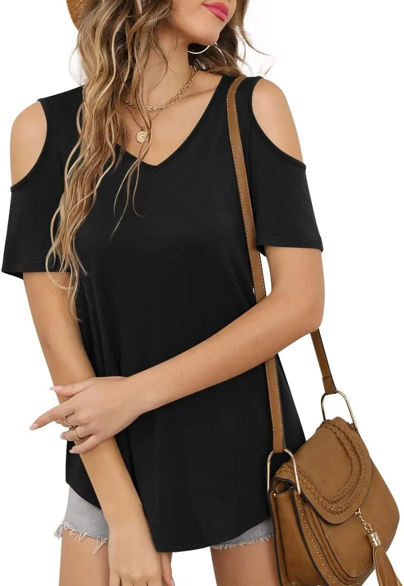 CATHY Women's V Neck Tunic Top Cold Shoulder Tshirt Short Sleeve Casual Blouse for Leggings