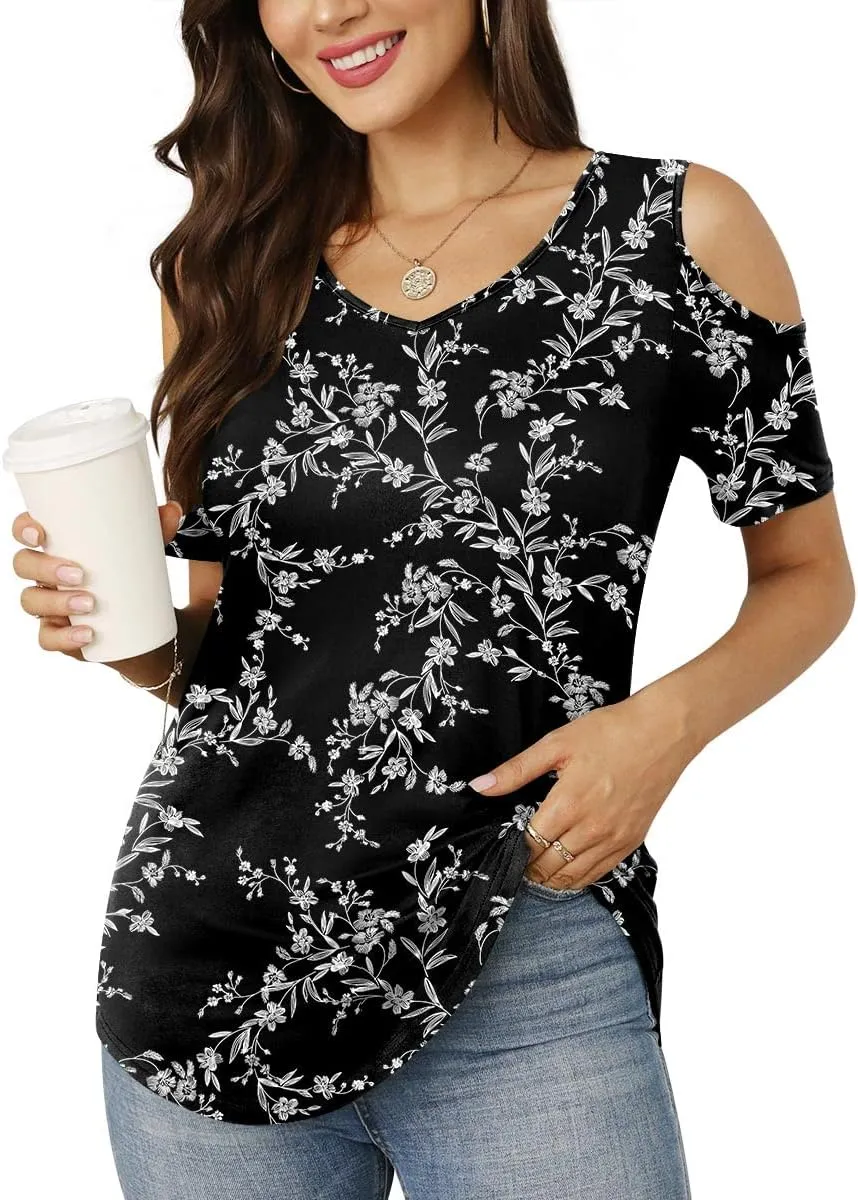 CATHY Women's V Neck Tunic Top Cold Shoulder Tshirt Short Sleeve Casual Blouse for Leggings