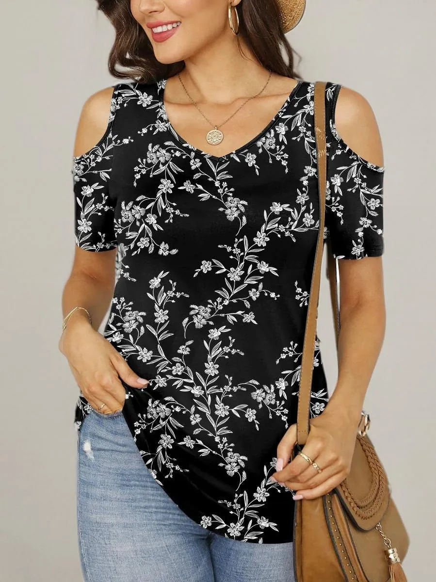 CATHY Women's V Neck Tunic Top Cold Shoulder Tshirt Short Sleeve Casual Blouse for Leggings