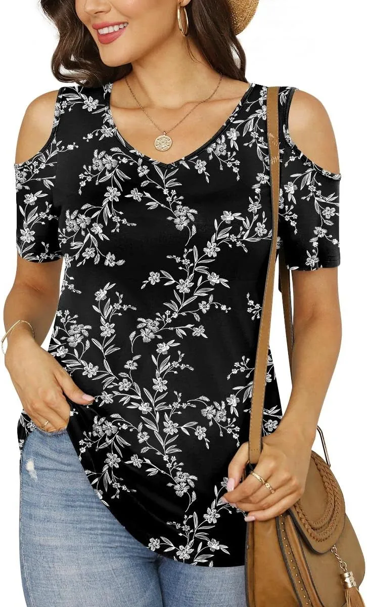 CATHY Women's V Neck Tunic Top Cold Shoulder Tshirt Short Sleeve Casual Blouse for Leggings