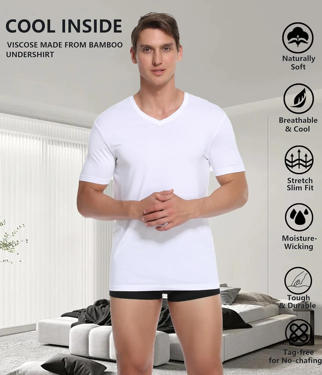 CF Men's Undershirts Bamboo Rayon Shirts for Men Moisture Wicking T-Shirt Classic V Neck Cooling Tee Shirts 3/5 Pack
