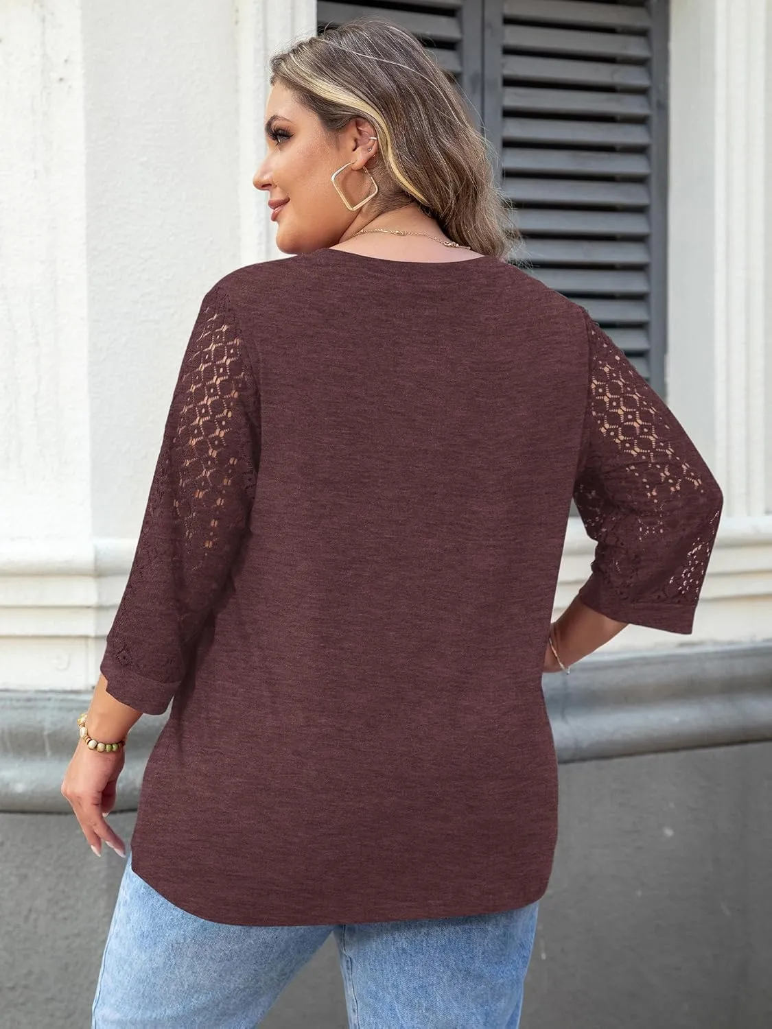 Chulianyouhuo Plus Size Tops for Women 3/4 Lace Sleeve V Neck Tee Shirt Summer Casual Loose Fit Tunic Blouse 2025