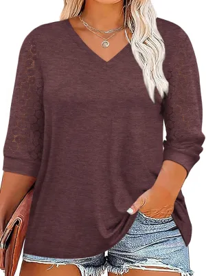 Chulianyouhuo Plus Size Tops for Women 3/4 Lace Sleeve V Neck Tee Shirt Summer Casual Loose Fit Tunic Blouse 2025