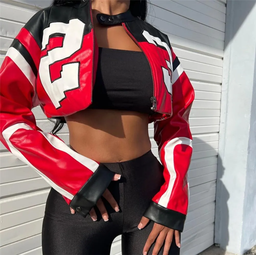 Crop Tops for Women - Faux Leather Jacket Women Long Sleeve Zipper Closure Moto Biker Top