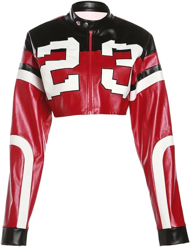 Crop Tops for Women - Faux Leather Jacket Women Long Sleeve Zipper Closure Moto Biker Top