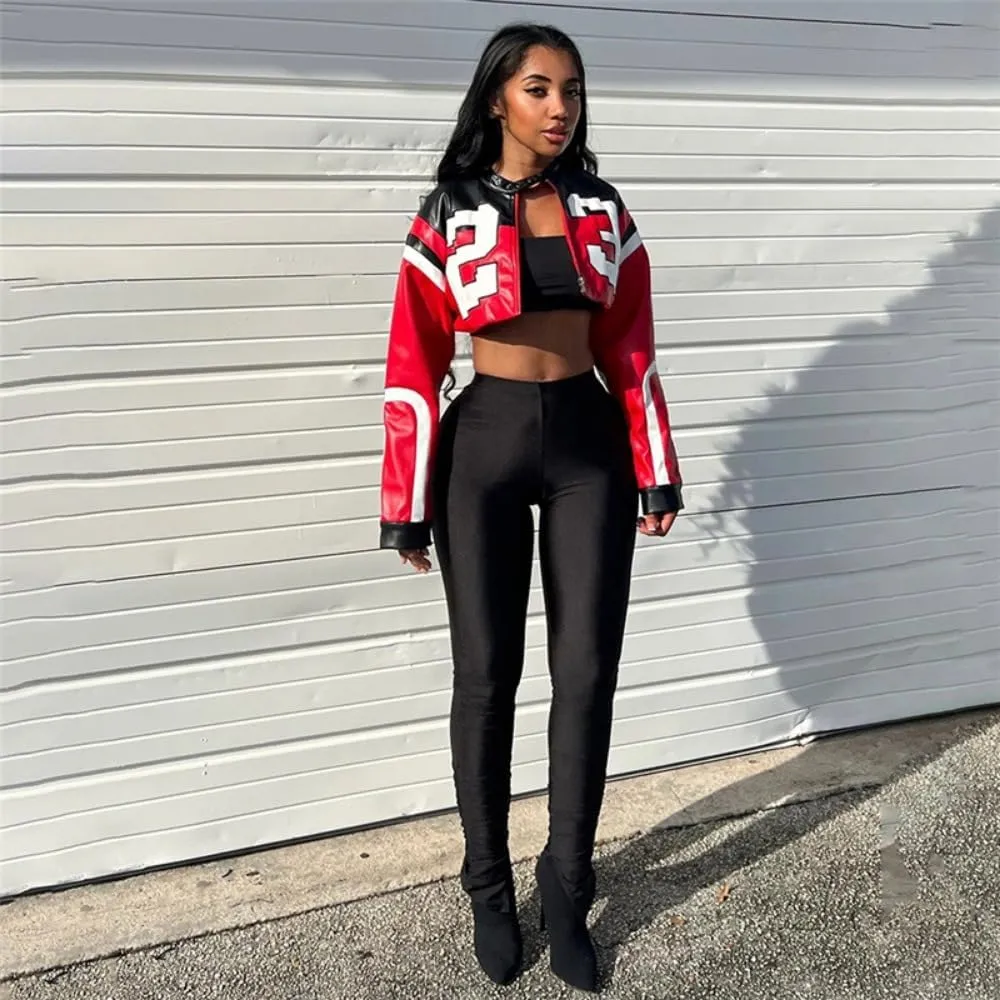 Crop Tops for Women - Faux Leather Jacket Women Long Sleeve Zipper Closure Moto Biker Top