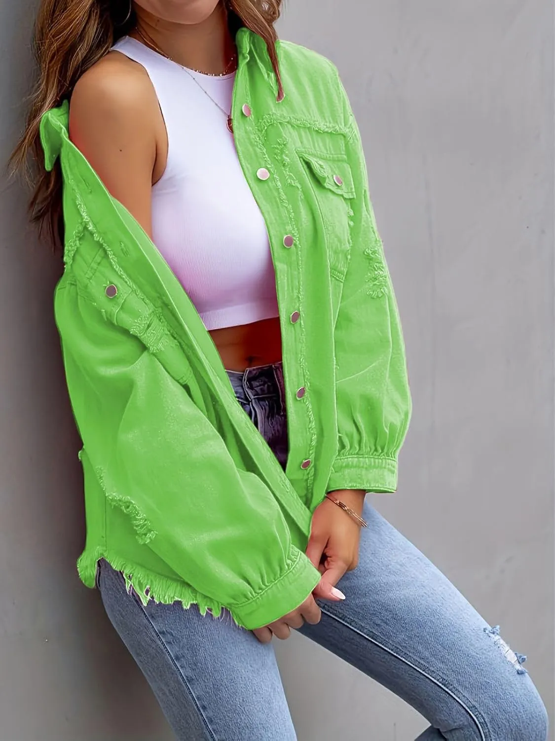 Denim Jacket for Women 2024 Oversized Ripped Jean Jacket Boyfriend Button Down Shirt Frayed Denim Coat Shacket Jacket