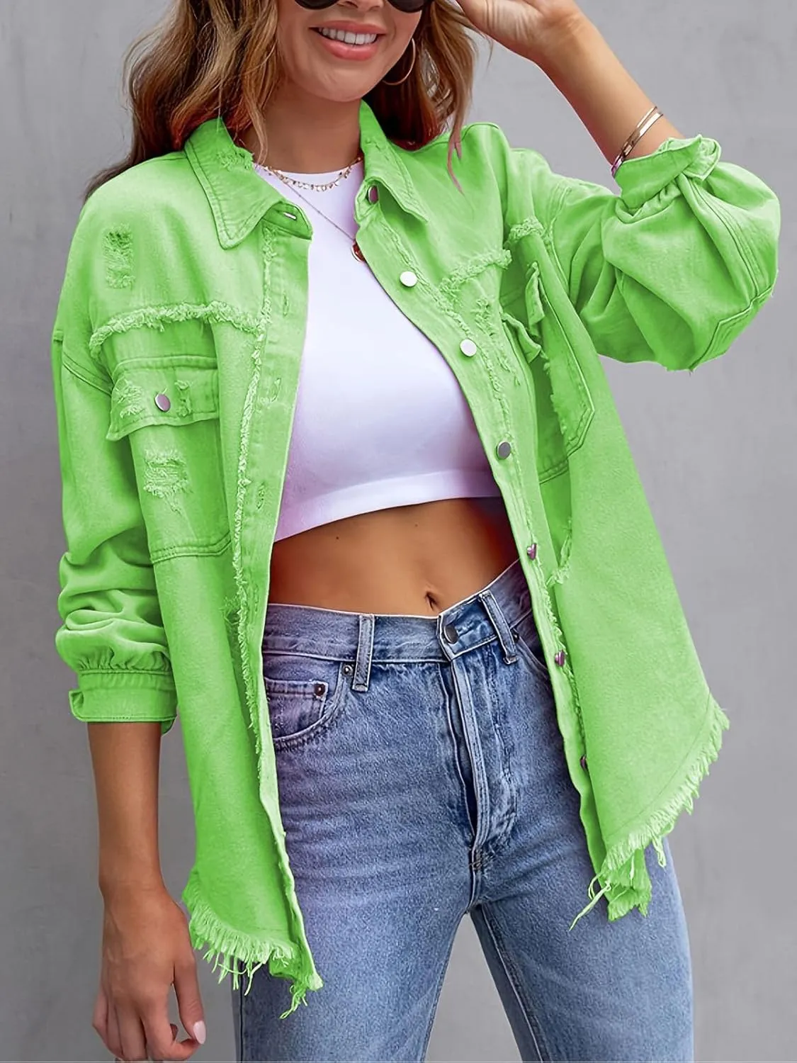 Denim Jacket for Women 2024 Oversized Ripped Jean Jacket Boyfriend Button Down Shirt Frayed Denim Coat Shacket Jacket