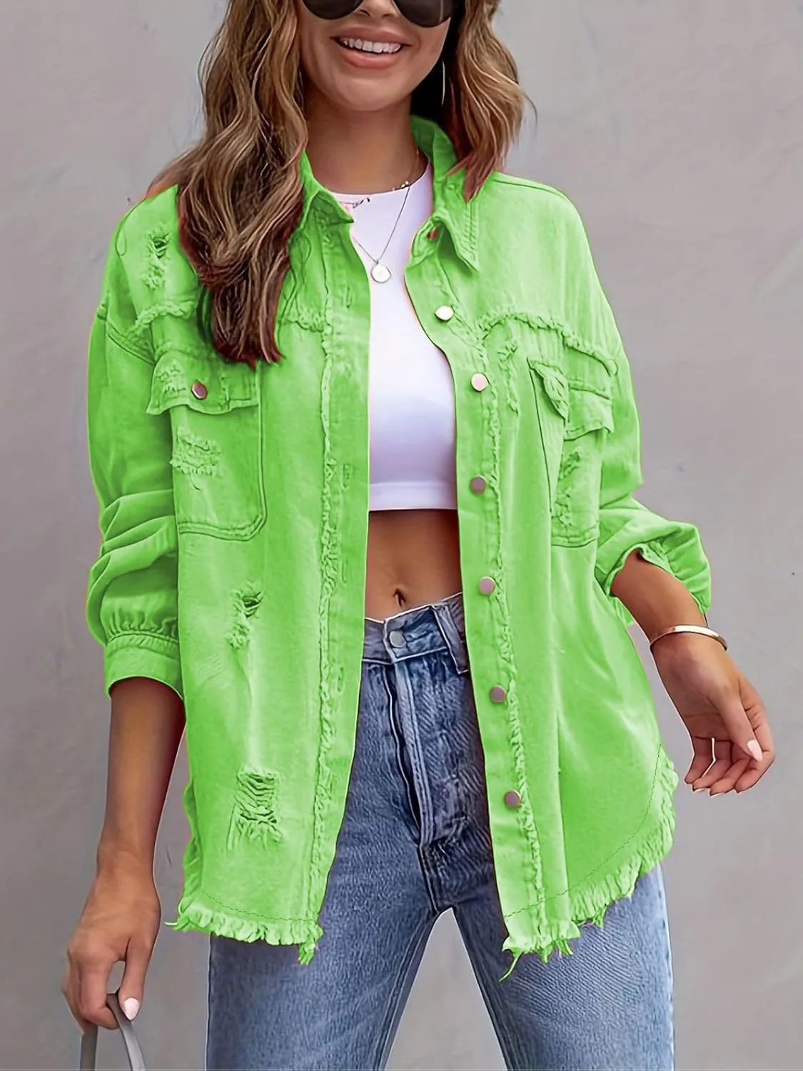 Denim Jacket for Women 2024 Oversized Ripped Jean Jacket Boyfriend Button Down Shirt Frayed Denim Coat Shacket Jacket