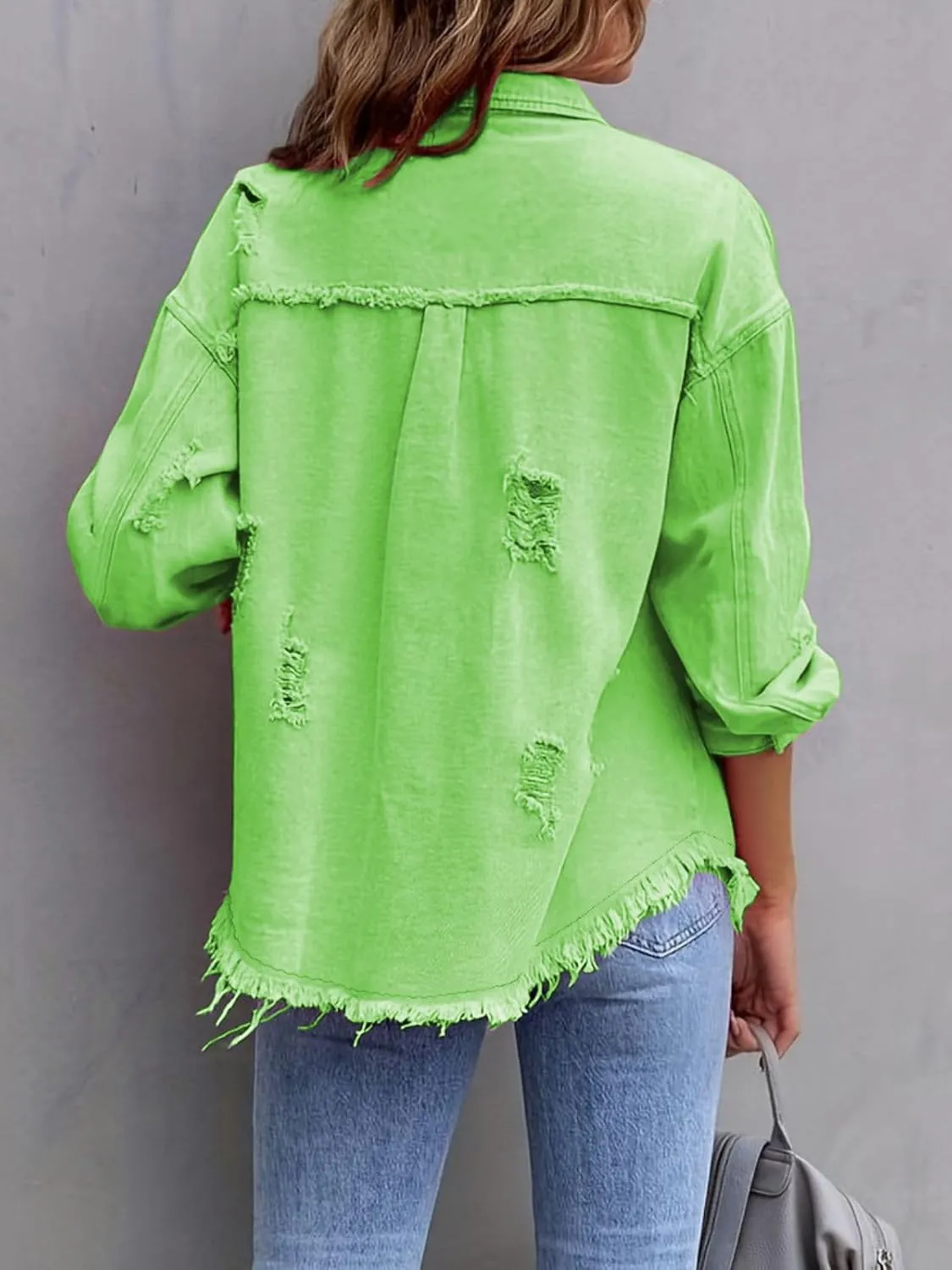 Denim Jacket for Women 2024 Oversized Ripped Jean Jacket Boyfriend Button Down Shirt Frayed Denim Coat Shacket Jacket