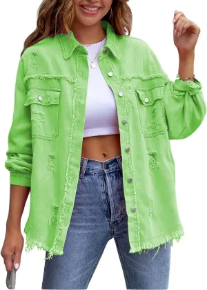 Denim Jacket for Women 2024 Oversized Ripped Jean Jacket Boyfriend Button Down Shirt Frayed Denim Coat Shacket Jacket