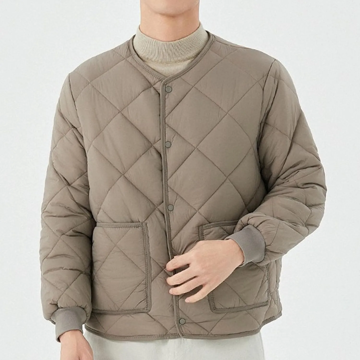 DGHM-JLMY Men Fleece Long-Sleeved Diamond Quilted Jacket Solid V Neck Cotton Coat Winter Warm Padded Coats Outwear
