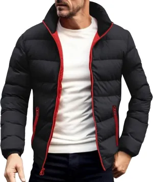 DGHM-JLMY Men's Solid Color Cotton-Padded Jacket Fashion Simple Color Block Zip Quilted Coat Stand Collar Slim Fit Outwear