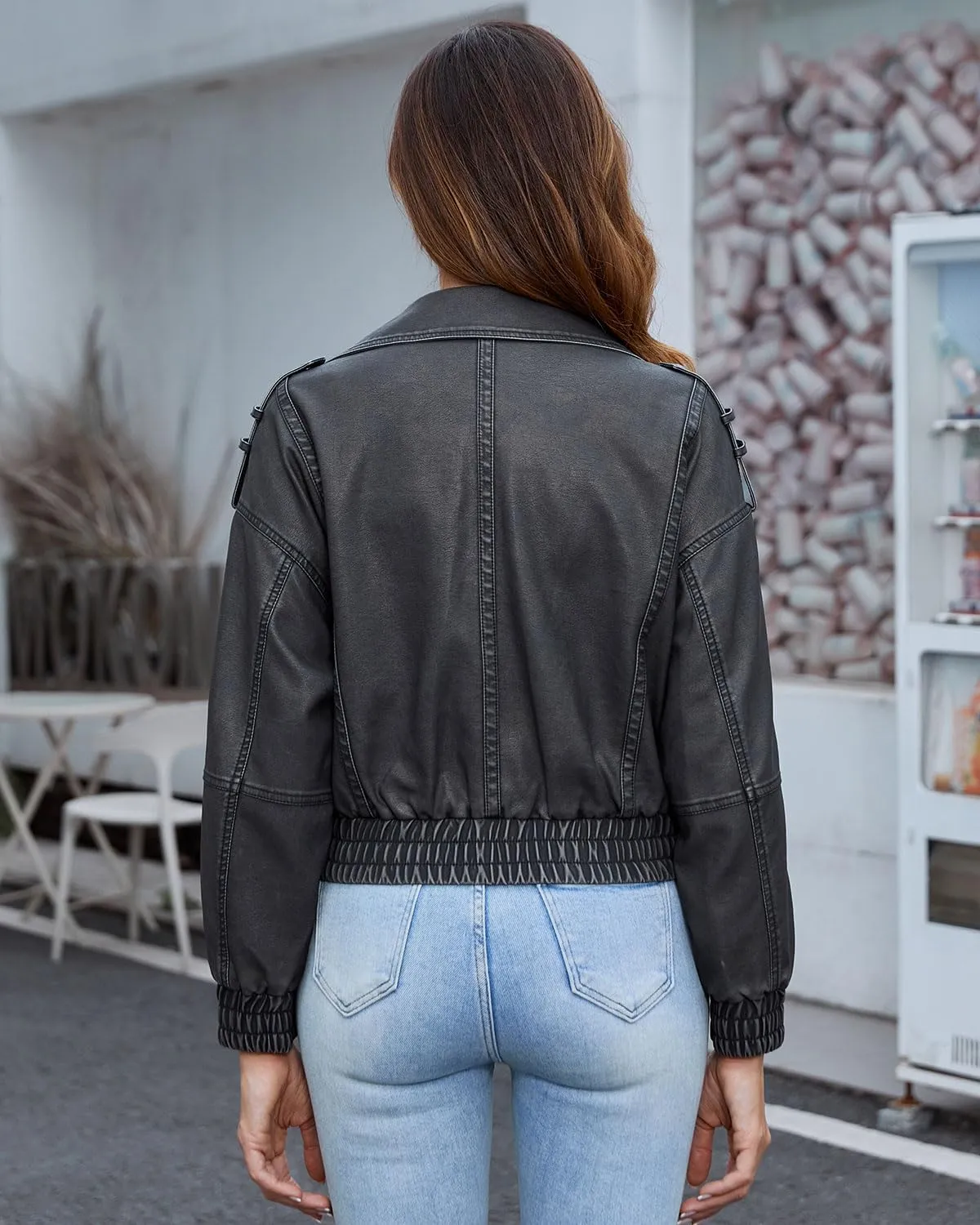 DIASHINY Faux Leather Jacket For Women Moto Biker Zip Up Motorcycle Loose Outwear