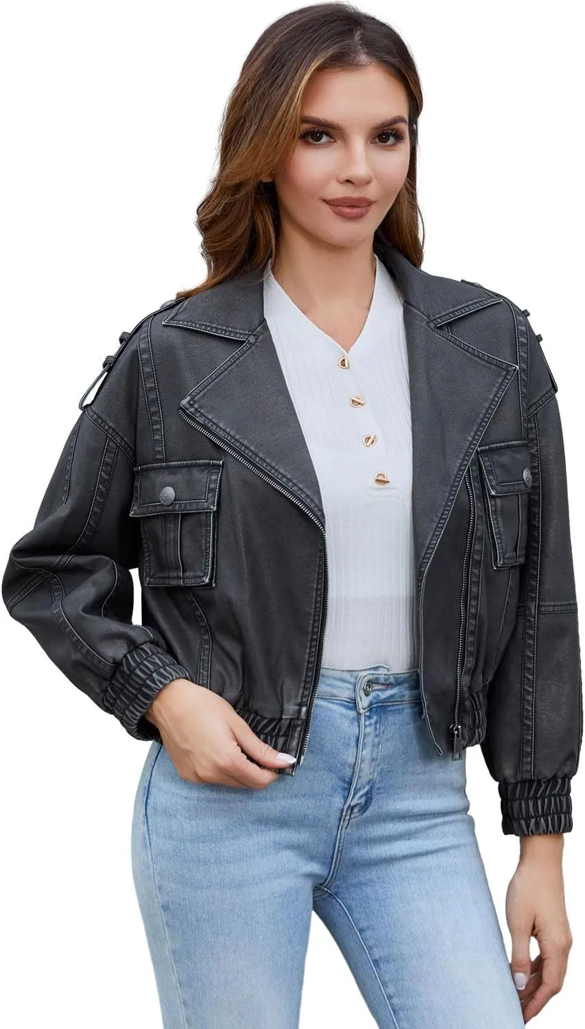 DIASHINY Faux Leather Jacket For Women Moto Biker Zip Up Motorcycle Loose Outwear