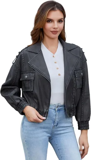 DIASHINY Faux Leather Jacket For Women Moto Biker Zip Up Motorcycle Loose Outwear