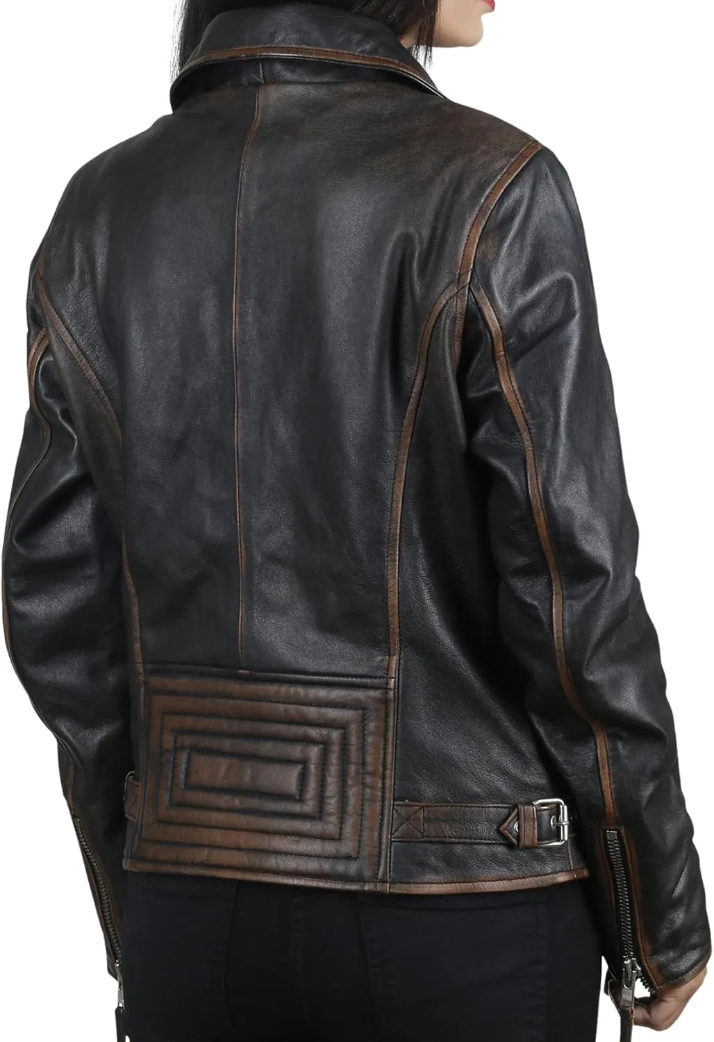 Distressed Leather Jacket Women Genuine Leather Motorcycle Jacket Casual Style