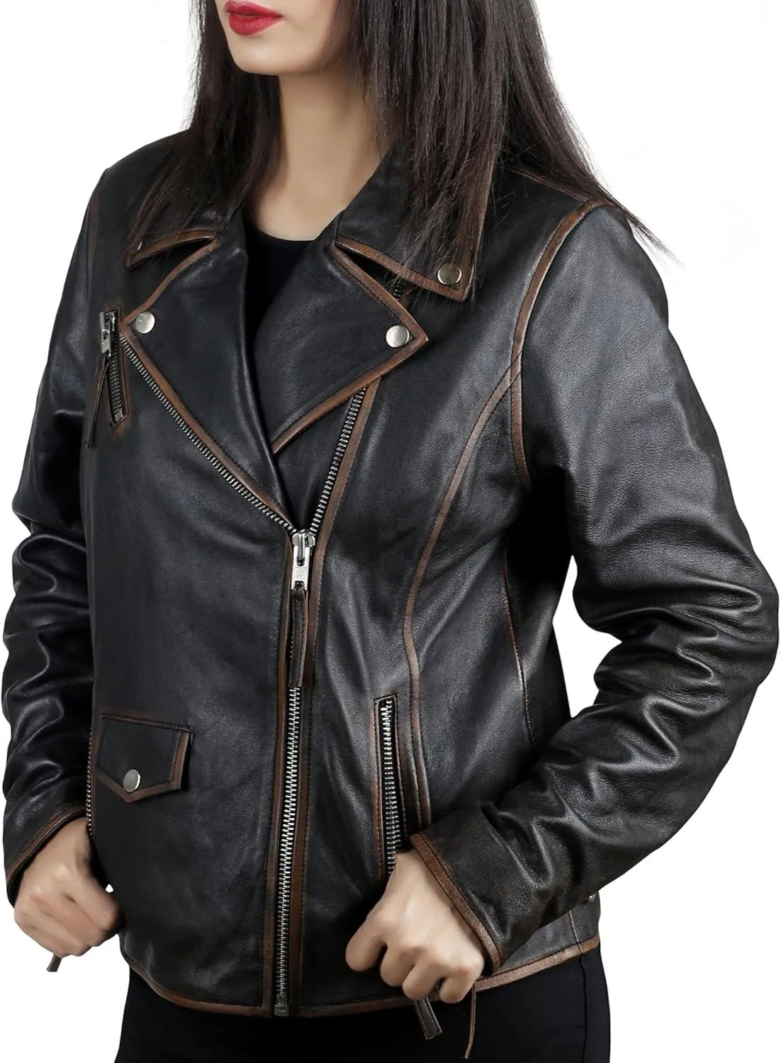 Distressed Leather Jacket Women Genuine Leather Motorcycle Jacket Casual Style