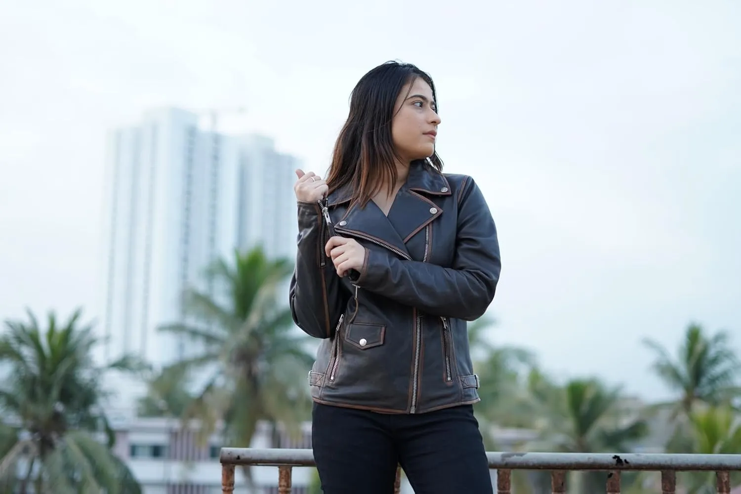 Distressed Leather Jacket Women Genuine Leather Motorcycle Jacket Casual Style