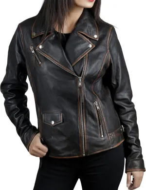 Distressed Leather Jacket Women Genuine Leather Motorcycle Jacket Casual Style