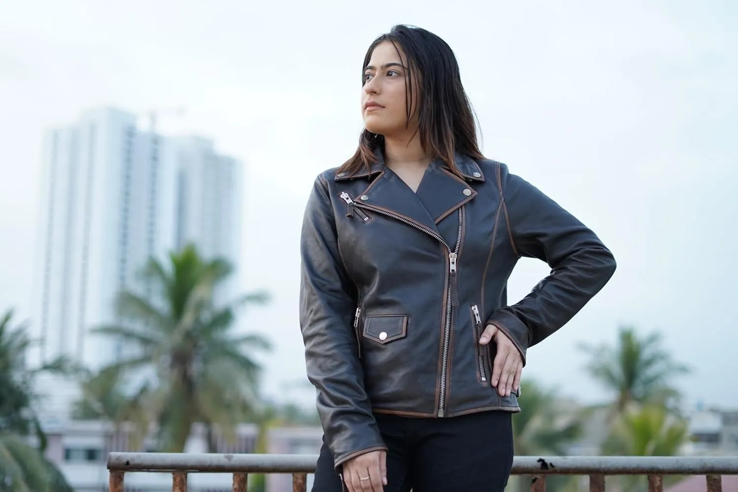 Distressed Leather Jacket Women Genuine Leather Motorcycle Jacket Casual Style