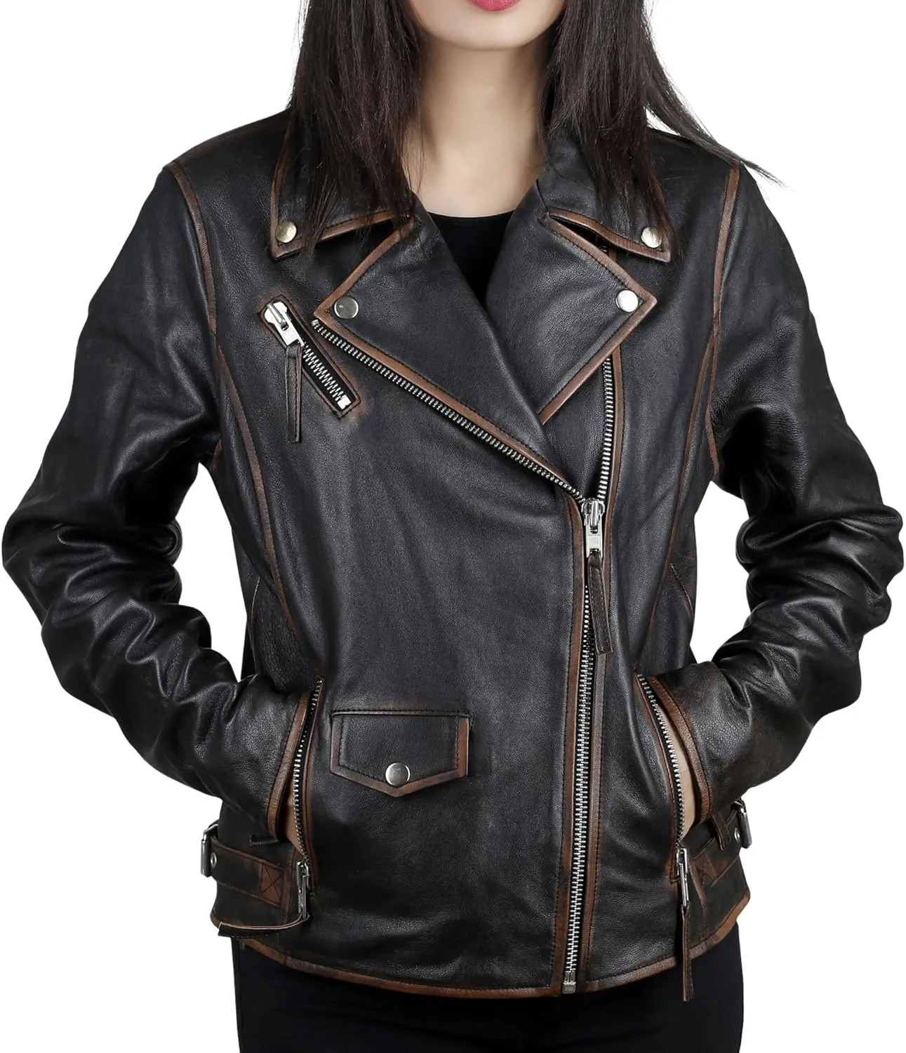 Distressed Leather Jacket Women Genuine Leather Motorcycle Jacket Casual Style