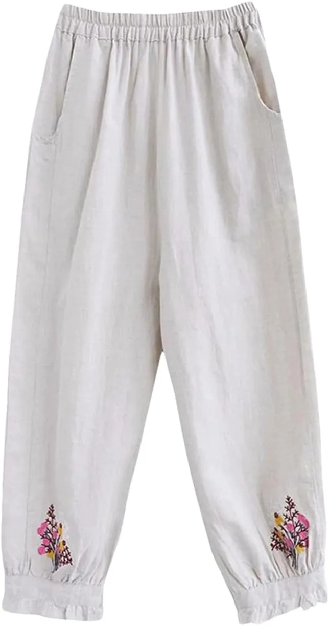 Dndrdhfb Women's Flower Embroidered Bloomers Casual Ankle Harem Pants Elastic Waist Cotton Pants