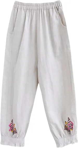 Dndrdhfb Women's Flower Embroidered Bloomers Casual Ankle Harem Pants Elastic Waist Cotton Pants