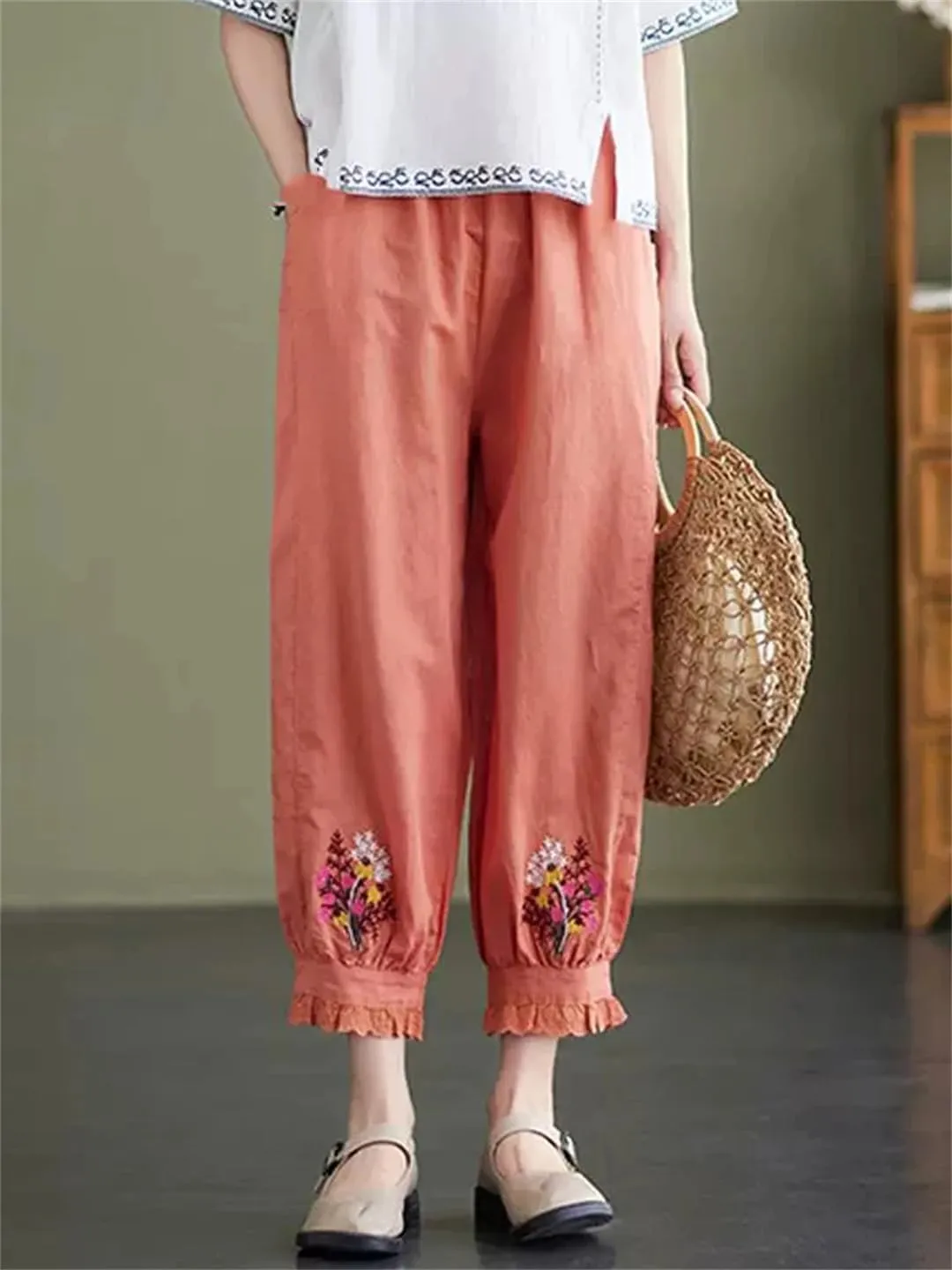 Dndrdhfb Women's Flower Embroidered Bloomers Casual Ankle Harem Pants Elastic Waist Cotton Pants