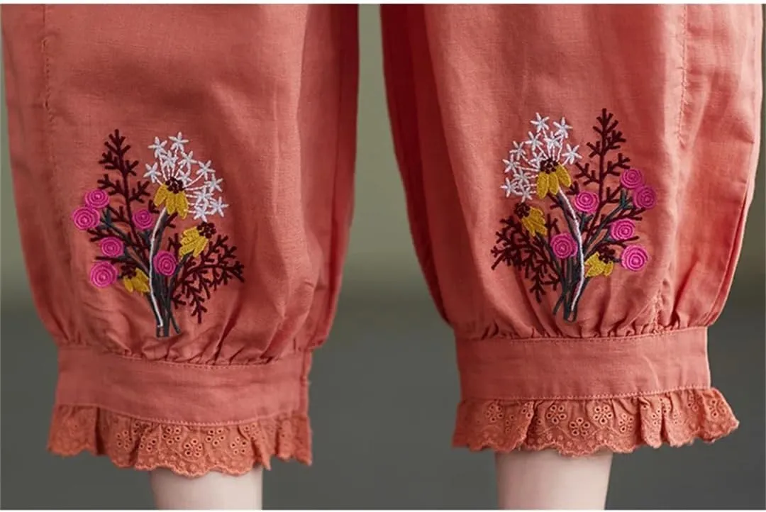Dndrdhfb Women's Flower Embroidered Bloomers Casual Ankle Harem Pants Elastic Waist Cotton Pants