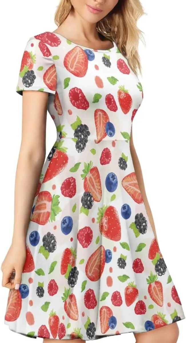 ENLACHIC Women's Summer Floral Lemon Print Dress Short Sleeve Swing T Shirt Midi Dresses