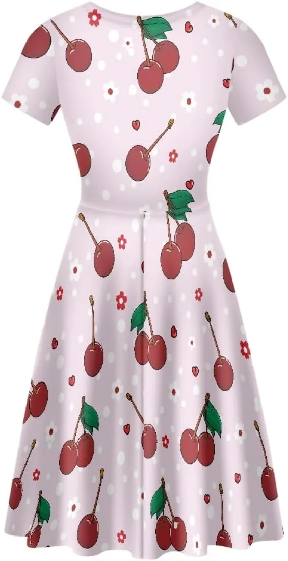 ENLACHIC Women's Summer Floral Lemon Print Dress Short Sleeve Swing T Shirt Midi Dresses