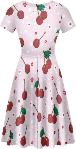 ENLACHIC Women's Summer Floral Lemon Print Dress Short Sleeve Swing T Shirt Midi Dresses