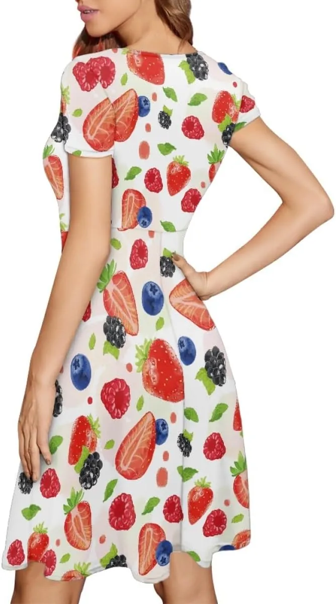 ENLACHIC Women's Summer Floral Lemon Print Dress Short Sleeve Swing T Shirt Midi Dresses