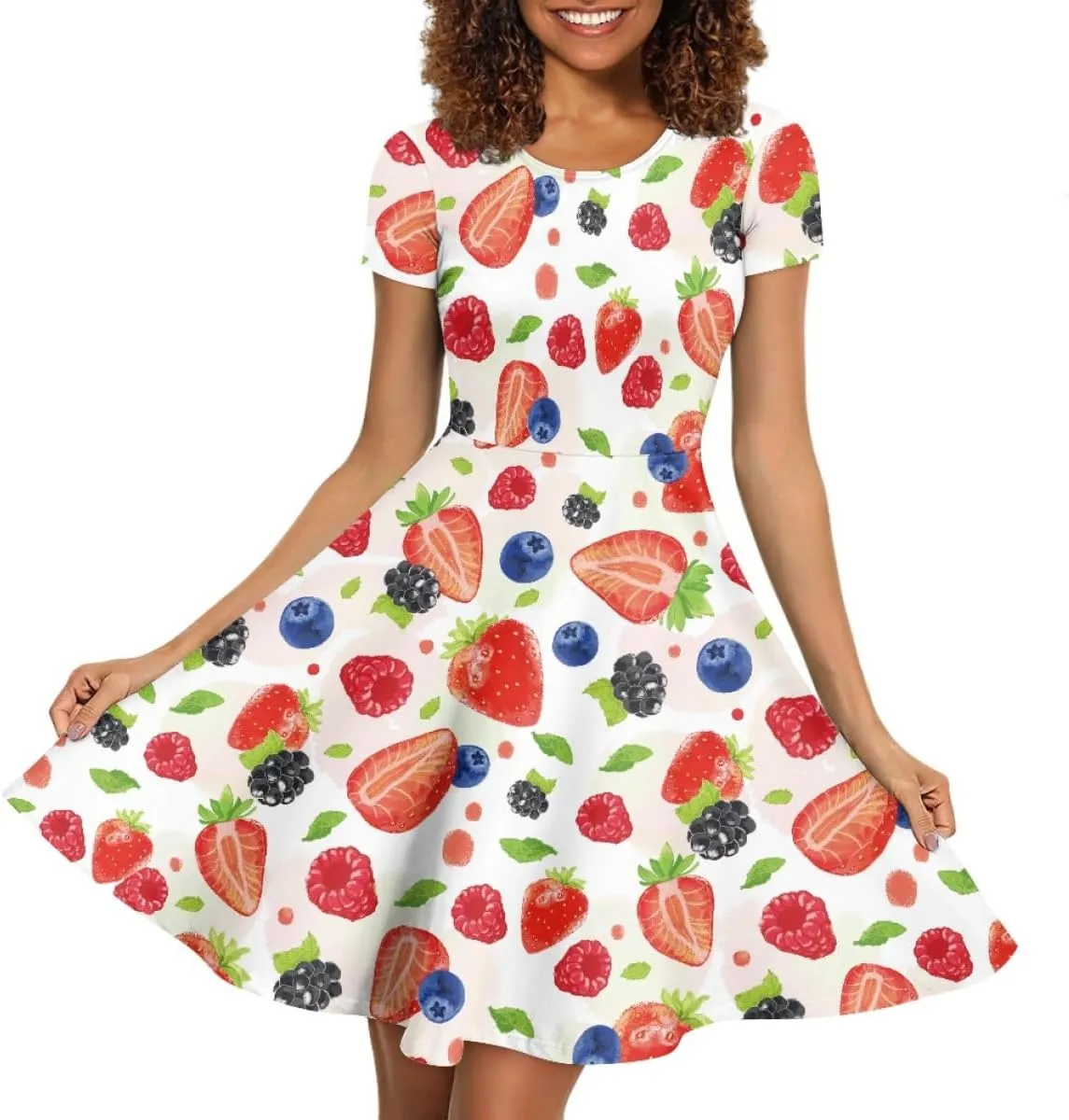 ENLACHIC Women's Summer Floral Lemon Print Dress Short Sleeve Swing T Shirt Midi Dresses