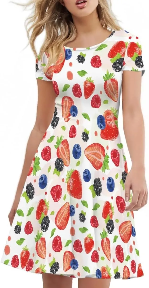 ENLACHIC Women's Summer Floral Lemon Print Dress Short Sleeve Swing T Shirt Midi Dresses
