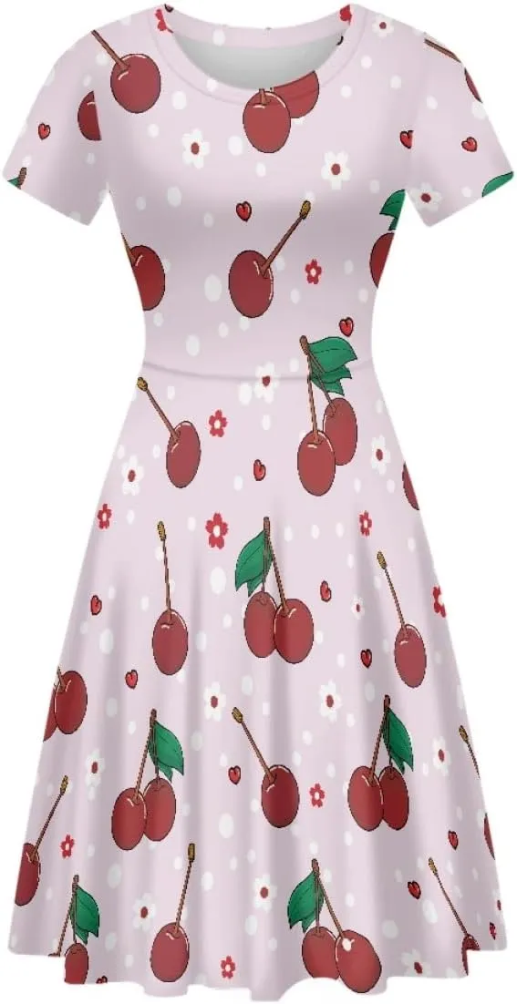 ENLACHIC Women's Summer Floral Lemon Print Dress Short Sleeve Swing T Shirt Midi Dresses