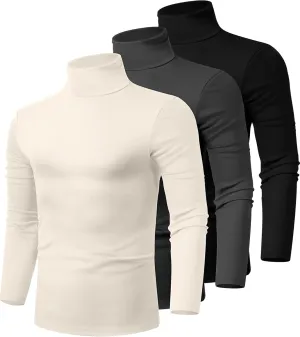 Ficerd 3 Pack Men's Turtleneck Shirts, Long Sleeve Cotton Pullover Sweaters Mock Neck Knitted T Shirt Basic Slim Fit Tee Tops