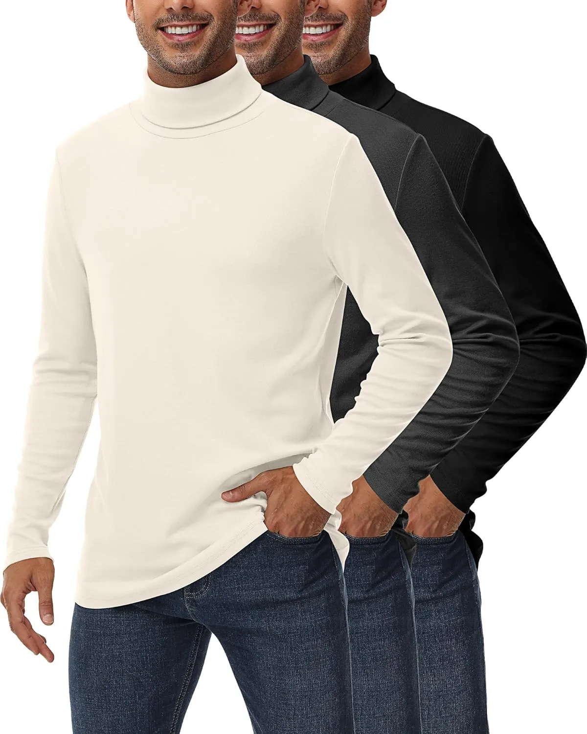 Ficerd 3 Pack Men's Turtleneck Shirts, Long Sleeve Cotton Pullover Sweaters Mock Neck Knitted T Shirt Basic Slim Fit Tee Tops